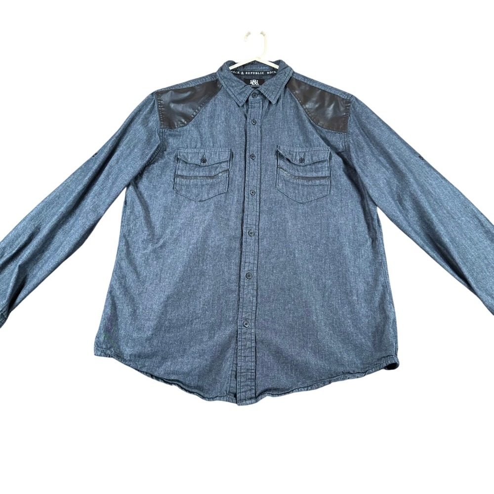 Rock & Republic Men's Large Gray Denim Shirt Faux Leather Western Yoke LS